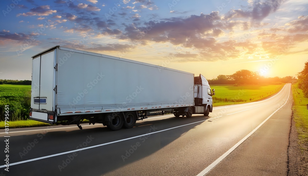 Truck on the asphalt road in the evening