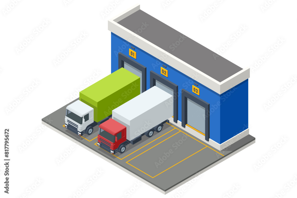 Isometric Warehouse Logistic Interior Storage Room Factory. Semi trailer truck. Cargo Truck transportation, delivery, boxes. Fast delivery or logistic transport. Automatic logistics management