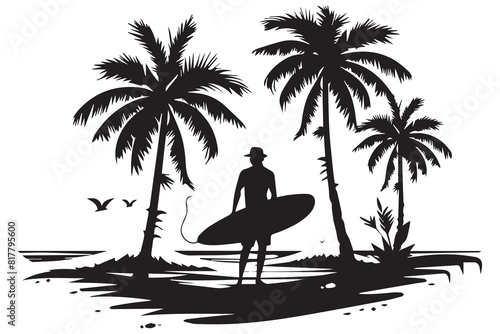 Vector silhouette of surfers on palm beach on white background. Symbol of nature and sport