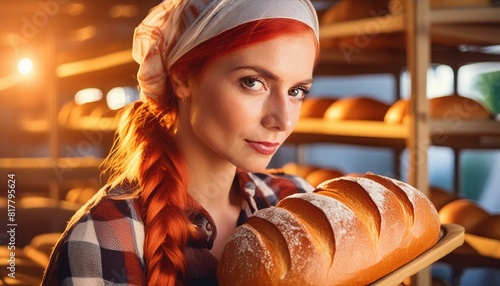 Frau mit rote lange Haaren, in flanellhemd draußenbeim Brot backen.  photo