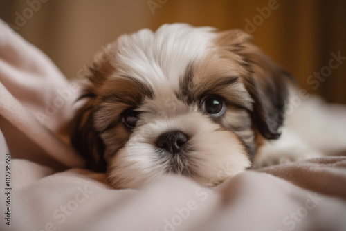 Adorable Shih Tzu Puppy Lying on Soft Blanket