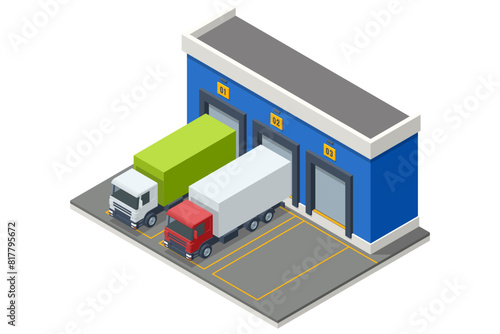 Isometric Warehouse Logistic Interior Storage Room Factory. Semi trailer truck. Cargo Truck transportation, delivery, boxes. Fast delivery or logistic transport. Automatic logistics management