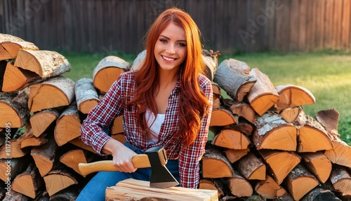 schönen kaukasischen Frau mit rote lange Haaren, in flanellhemd draußen beim holz hacken. photo