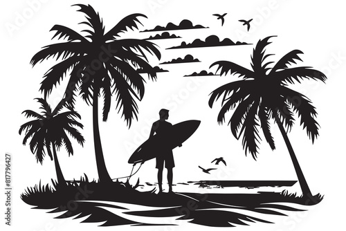 A man is standing on a beach with a surfboard under the words hello summer