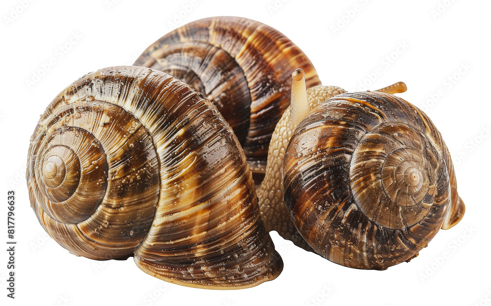 Group of garden snails showing diverse shell patterns, cut out - stock png. Group of garden snails showing diverse shell patterns, cut out - stock png.