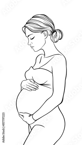 Anticipation and Love: Minimalist Line Art Illustration of a Pregnant Woman Cradling Her Belly, Celebrating Motherhood in Black and White, Transparent Background