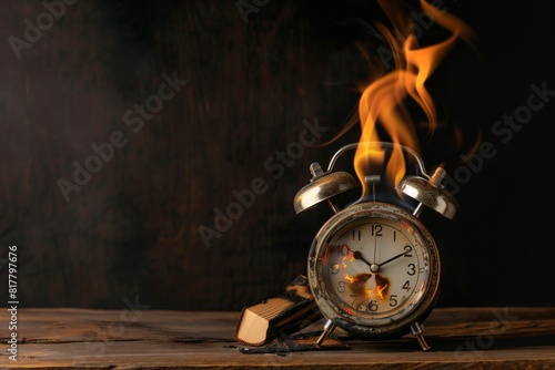 Vintage alarm clock with fire engulfing it, placed on a wooden surface with burnt book pages in a dark, dramatic setting.