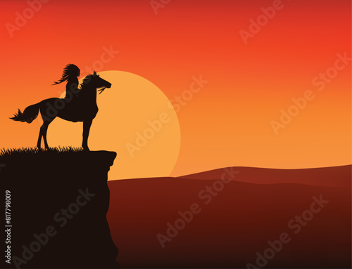 wild west vector silhouette scene with native american chief riding horse at cliff top watching the sunset over mountain land