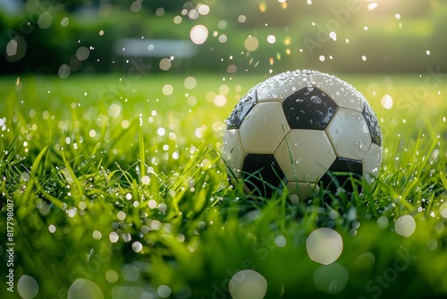 closeup of a soccer ball on a lush green field with the goalposts in the background. This vibrant image captures the essence of the game, perfect for themes related to sports photo