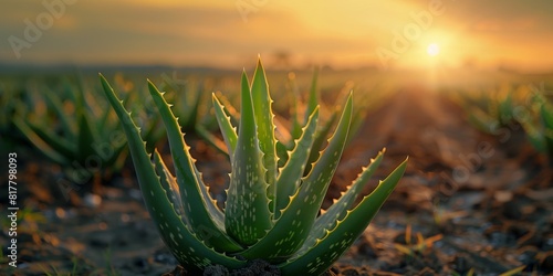 Plantation of aloe vera. Cultivation of aloe vera, plant used for healthy, medicine, cosmetics, skin care. Copy space