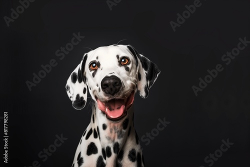 Close-up portrait of a happy Dalmatian dog with a black background. The dog is looking at the camera with a cheerful expression.