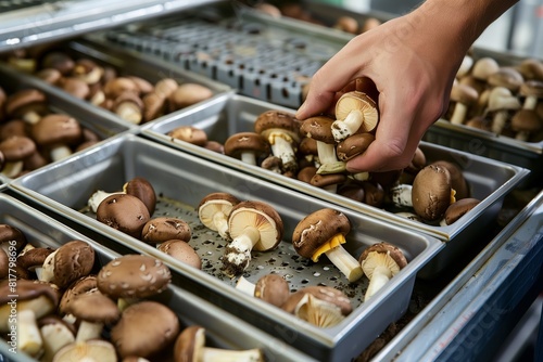 A hand is selecting fresh brown mushrooms from metal trays in an indoor cultivated mushroom farm.