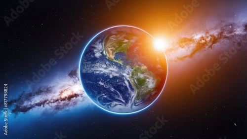 planet earth with a blue glow and the sun in the background