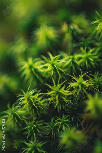 A detailed close-up of tree moss  showcasing its soft  velvety texture and vibrant green color. 