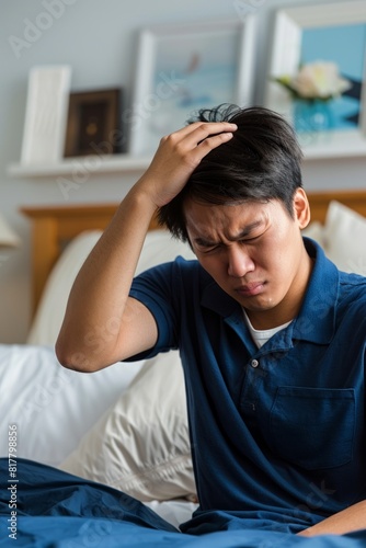 Japanese man at home having a headache