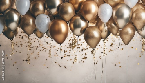 Wallpaper Mural festive birthday setup with gold and white balloons surrounded by colorful confetti, balloons against a white background, decorated with ribbons and confetti for an anniversary celebration, Torontodigital.ca