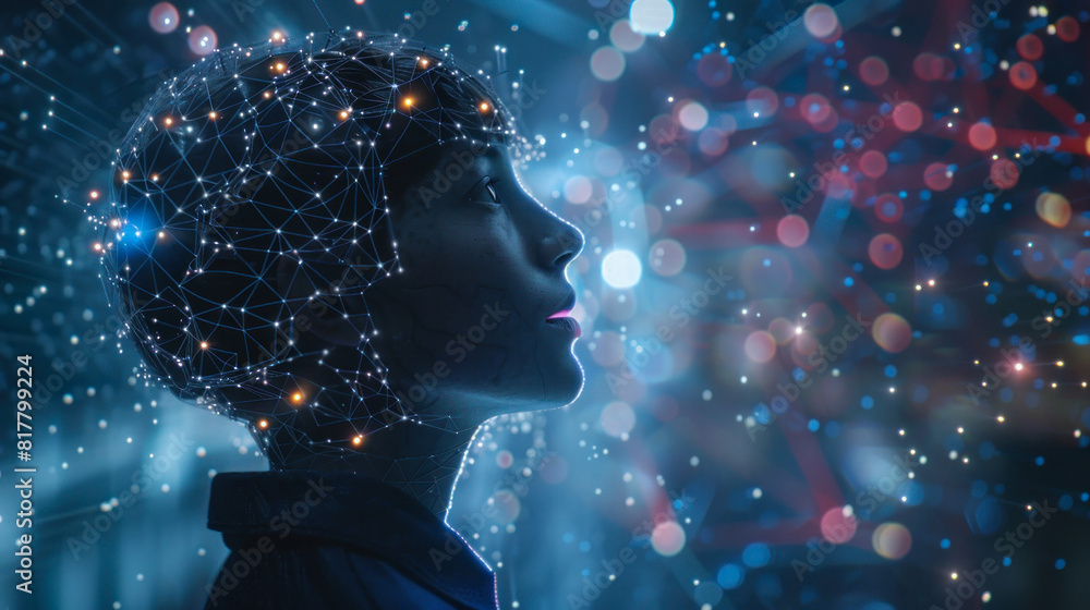 Abstract digital human head silhouette with network Abstract digital human head silhouette with network