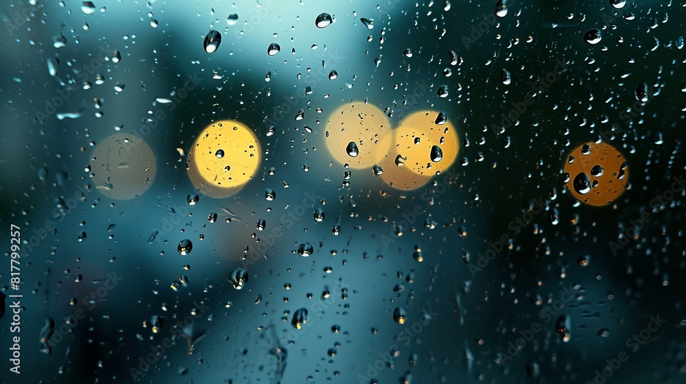 Closeup of rain drops on glass window with city lights - Aesthetic Background Closeup of rain drops on glass window with city lights - Aesthetic Background
