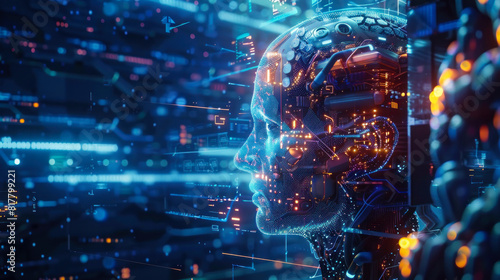 Futuristic AI face with technological circuits