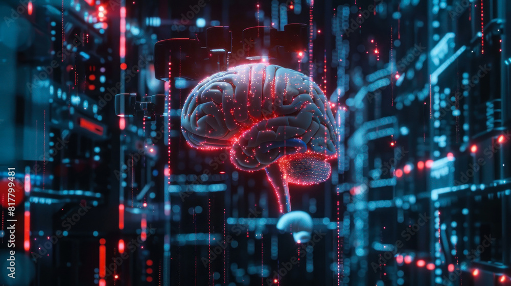 Glowing neon brain in a digital environment Glowing neon brain in a digital environment