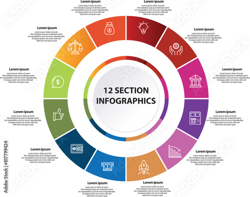 Collection of vector circle chart infographic templates for presentations, advertising, layouts, annual reports. 12 options, steps, parts