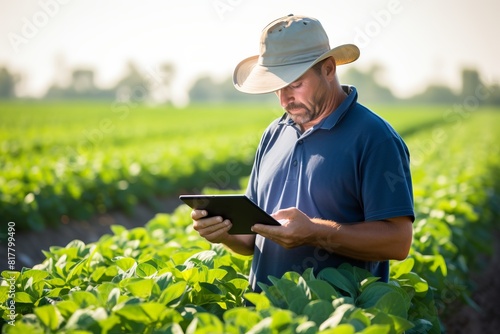A man in a hat is looking at a tablet while standing in a field of green plants