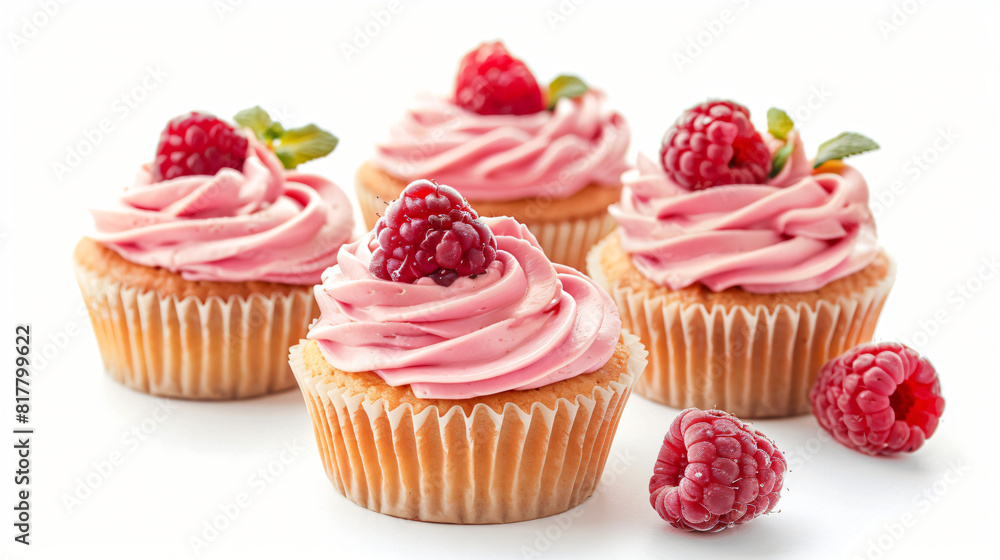 Tasty cupcakes with raspberries on white background