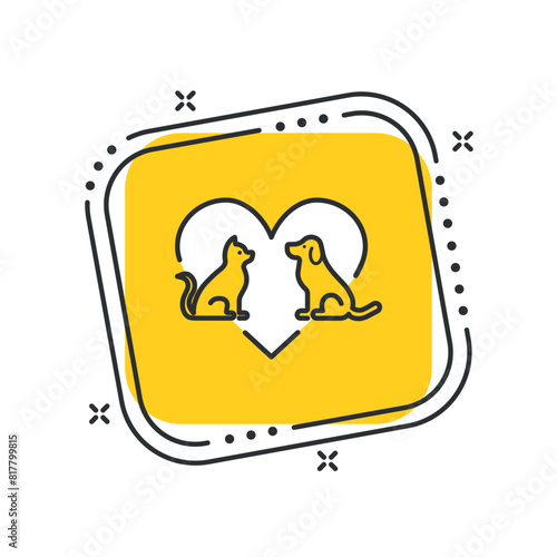 Cartoon adopt a pet vector illustration. Animal shelter on isolated yellow square background. Design poster sign concept.