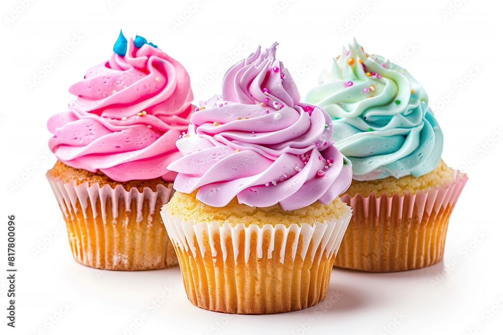 Tasty cupcakes with butter cream and sprinkles on white background Tasty cupcakes with butter cream and sprinkles on white background
