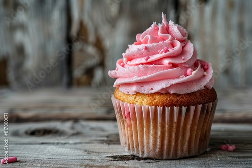 Tasty cupcake with butter cream on wooden table