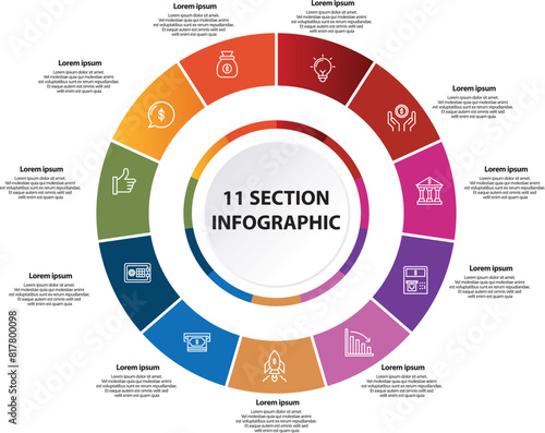 Collection of vector circle chart infographic templates for presentations, advertising, layouts, annual reports. 11 options, steps, parts