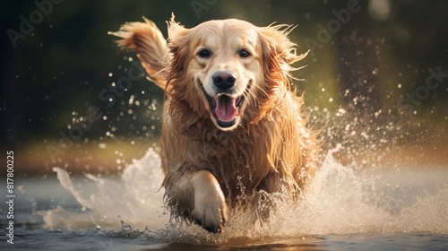 A dog is running in the water, splashing and having fun