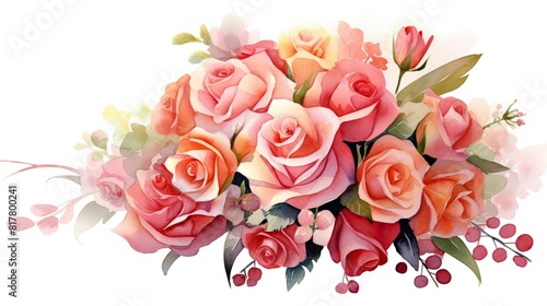 Romantic watercolor painting of a bouquet of roses in shades of red  pink  and peach  tied with a satin ribbon