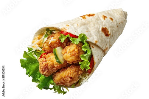 Tortilla wrap with fried chicken and fresh vegetables on white background