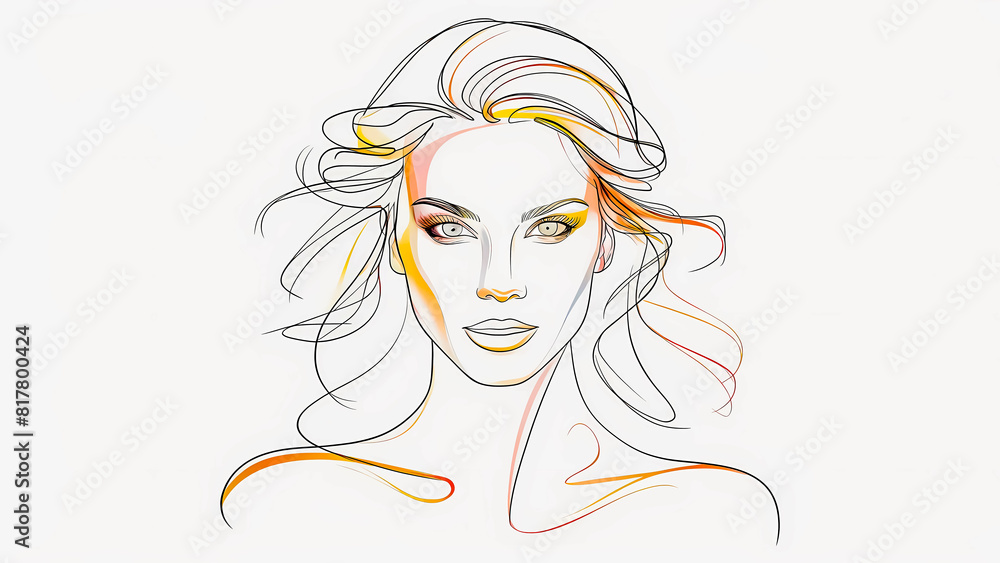 Exquisite Minimalistic Line Art of Beautiful Young Woman: Vibrant Illustration Capturing Glamour and Sensuality with Elegant Black Lines with Vibrant Yellow and Orange Strokes Against White Background