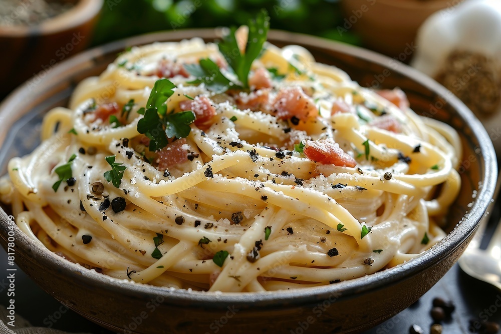 Spaghetti Carbonara: A bowl of pasta with creamy sauce, crispy pancetta, grated pecorino cheese, and a sprinkle of black pepper. The dish should look rich and appetizing. Spaghetti Carbonara: A bowl of pasta with creamy sauce, crispy pancetta, grated pecorino cheese, and a sprinkle of black pepper. The dish should look rich and appetizing.
