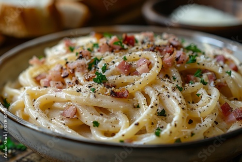 Spaghetti Carbonara  A bowl of pasta with creamy sauce  crispy pancetta  grated pecorino cheese  and a sprinkle of black pepper. The dish should look rich and appetizing.