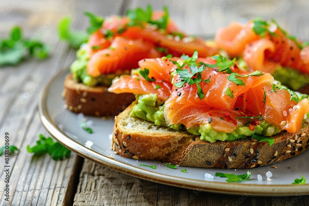 Toast bread with salted salmon and guacamole avocado on wooden table Toast bread with salted salmon and guacamole avocado on wooden table