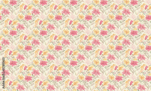 Floral pattern with pink and orange flowers. Elegant mirror pattern