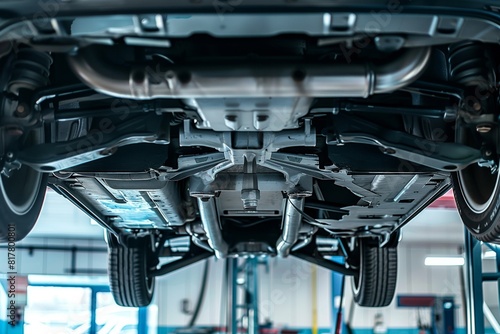 View of a car's undercarriage lifted in an auto repair shop, showing the exhaust system, suspension, and other components. photo