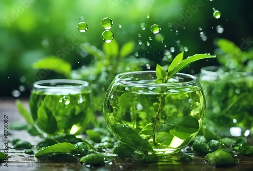 fresh green tea leaves and water splash background