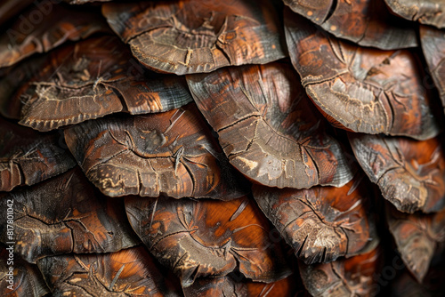 A detailed close-up of a pine cone, highlighting the intricate patterns and textures of its scales. 