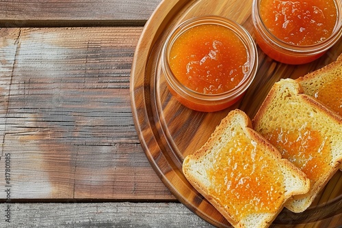 Toast breads with sweet orange jam on wooden table