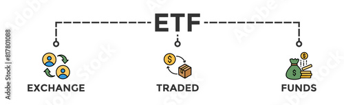 ETF banner web icon vector illustration concept Exchange Traded Funds Stock Market Investment with icon of money, cash flow, trading, transaction, bank, accounting, and growth