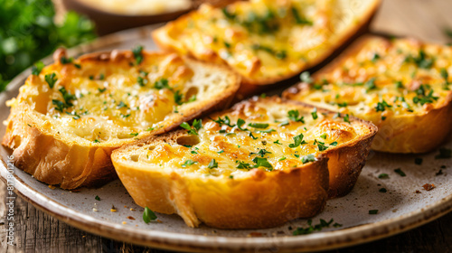 Tasty garlic bread on plate closeup