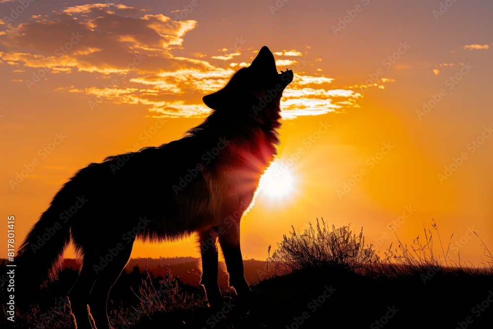 Silhouette of a wolf howling at sunset with an orange sky and sun behind it, creating a dramatic and captivating scene. Silhouette of a wolf howling at sunset with an orange sky and sun behind it, creating a dramatic and captivating scene.