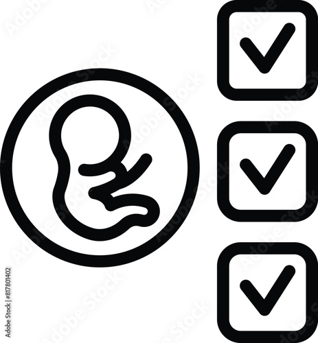 Pregnancy checklist icon for prenatal planning and maternal health care with simple black and white monochrome design and vector illustration concept for expectant motherhood