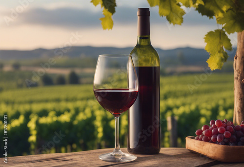 empty bottle of red wine and a wine glass in front of the vineyards.