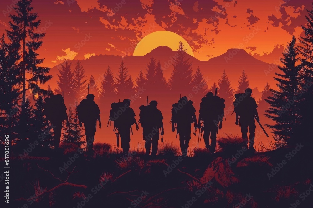 Fototapeta premium Group of people walking through a forest at sunset, suitable for outdoor and nature themes