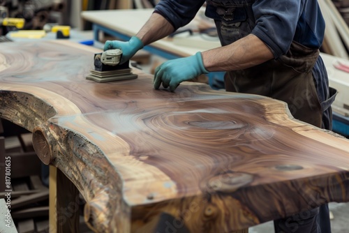 Artisan sanding a wooden slab with a power sander, refining the surface in a workshop. The slab features vibrant wood grain patterns and natural edges.
